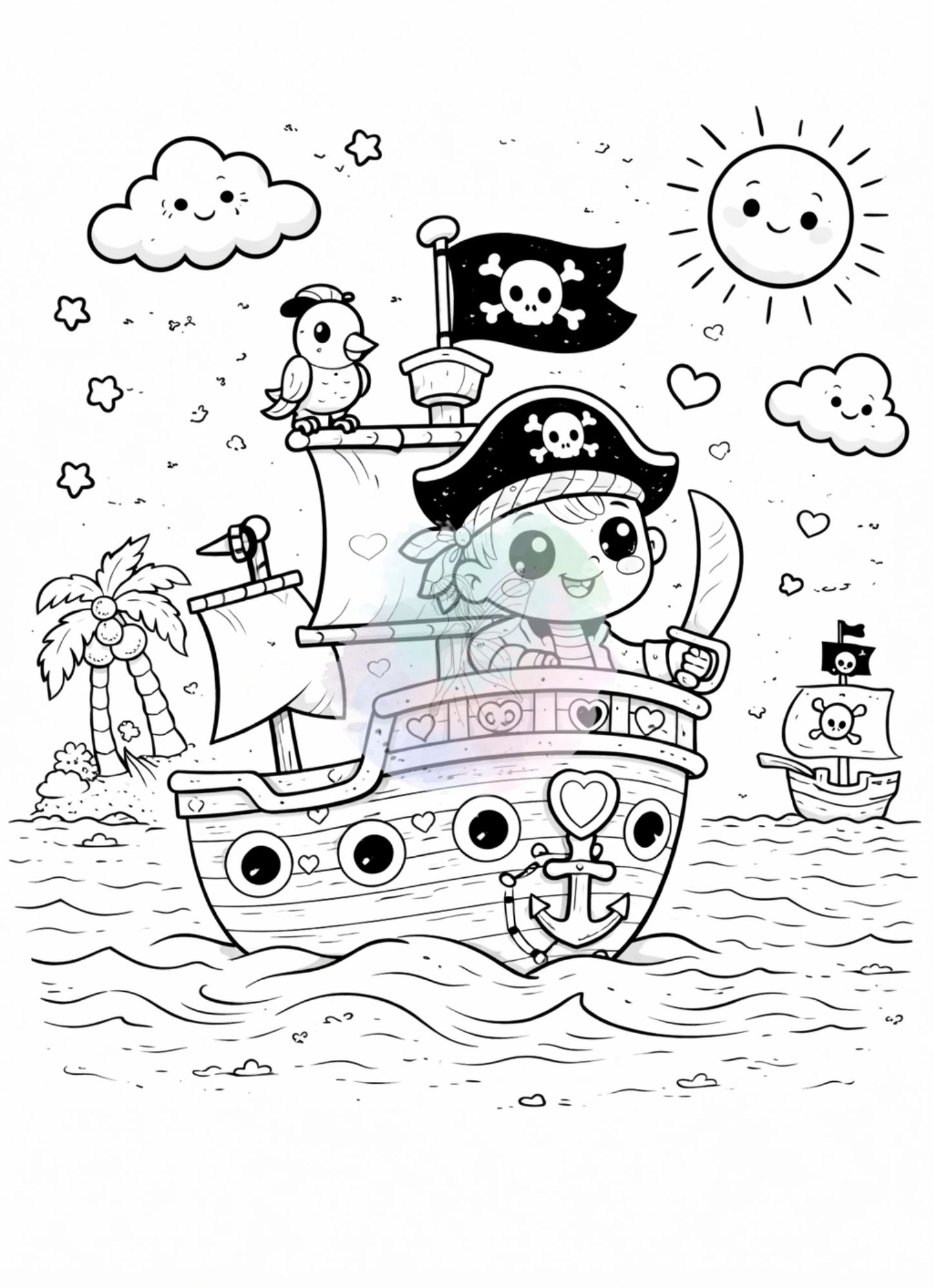 Ausmalbild - Pirat mit Schiff